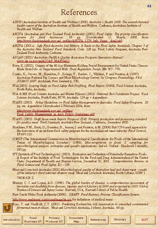 44 References AIHW (Australian Institute of Health and Welfare) (2000). Australia’s Health 2000: The