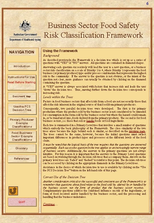 6 Business Sector Food Safety Risk Classification Framework NAVIGATION Introduction Instructions for Use Read