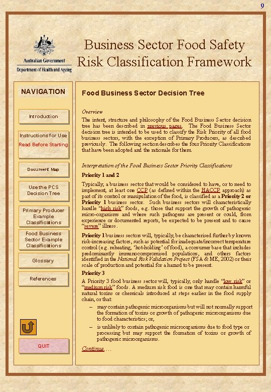 9 Business Sector Food Safety Risk Classification Framework NAVIGATION Introduction Instructions for Use Read