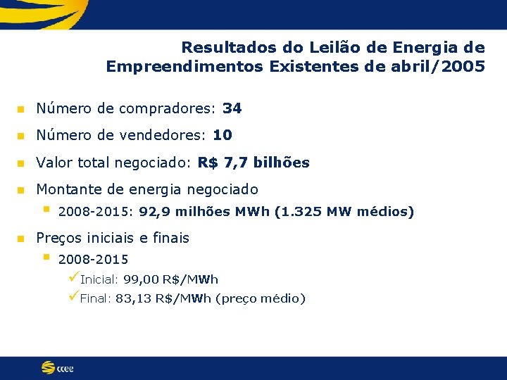 Resultados do Leilão de Energia de Empreendimentos Existentes de abril/2005 n Número de compradores: