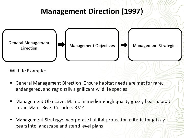 Management Direction (1997) General Management G Direction Management Objectives Management Strategies Wildlife Example: §