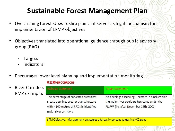 Sustainable Forest Management Plan • Overarching forest stewardship plan that serves as legal mechanism