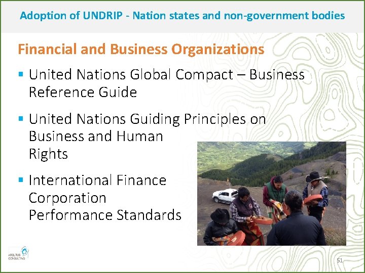 Adoption of UNDRIP - Nation states and non-government bodies Financial and Business Organizations §
