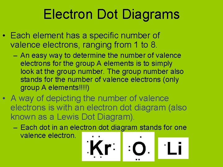 Electron Dot Diagrams • Each element has a specific number of valence electrons, ranging