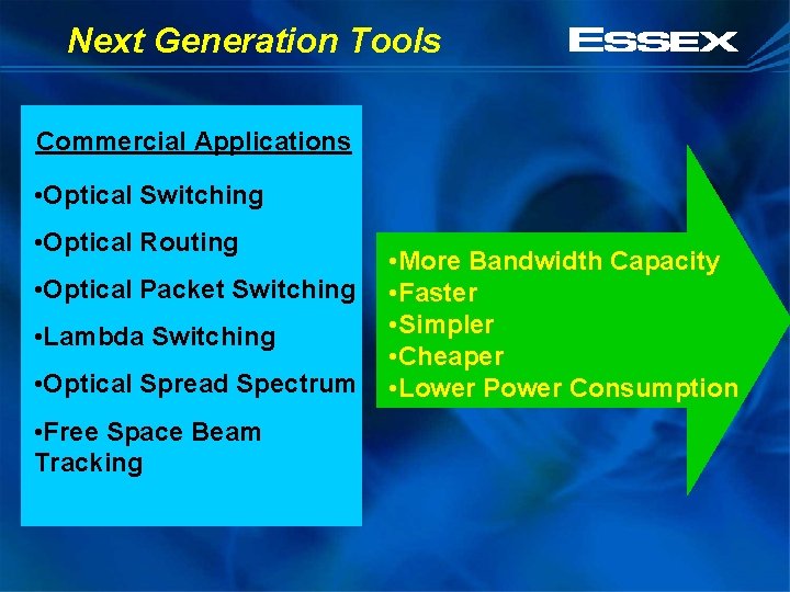 Next Generation Tools Commercial Applications • Optical Switching • Optical Routing • Optical Packet
