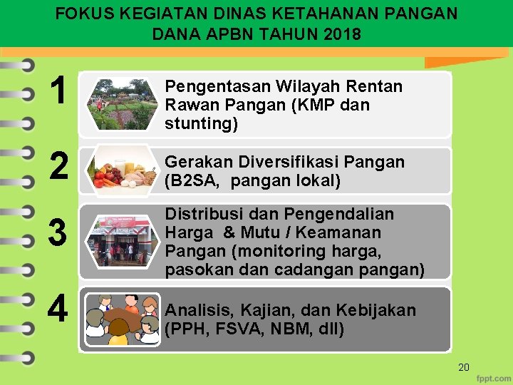 FOKUS KEGIATAN DINAS KETAHANAN PANGAN DANA APBN TAHUN 2018 1 Pengentasan Wilayah Rentan Rawan