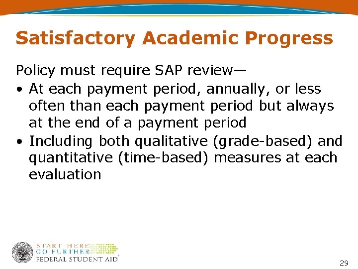 Satisfactory Academic Progress Policy must require SAP review— • At each payment period, annually,