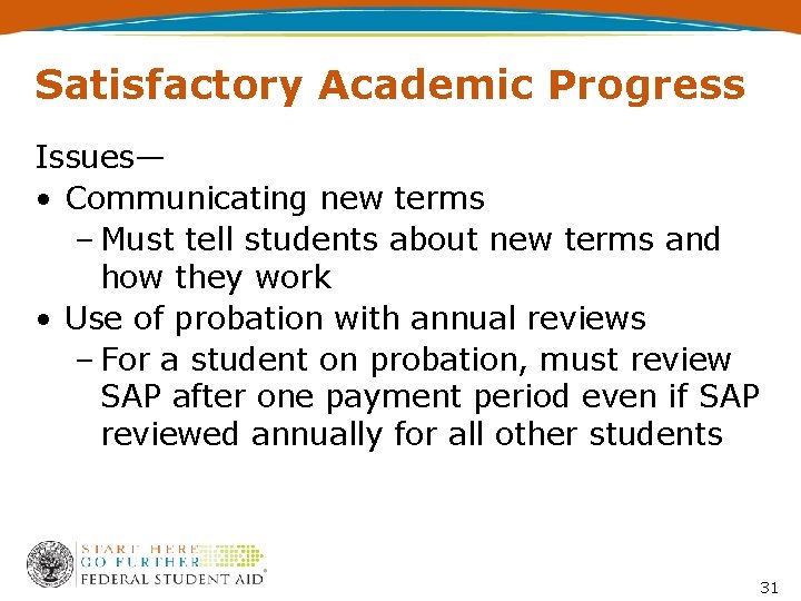 Satisfactory Academic Progress Issues— • Communicating new terms – Must tell students about new