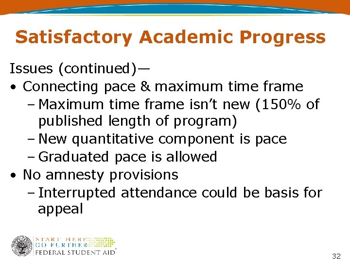 Satisfactory Academic Progress Issues (continued)— • Connecting pace & maximum time frame – Maximum