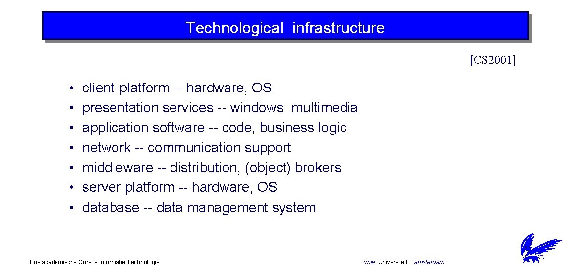Technological infrastructure [CS 2001] • • client-platform -- hardware, OS presentation services -- windows,