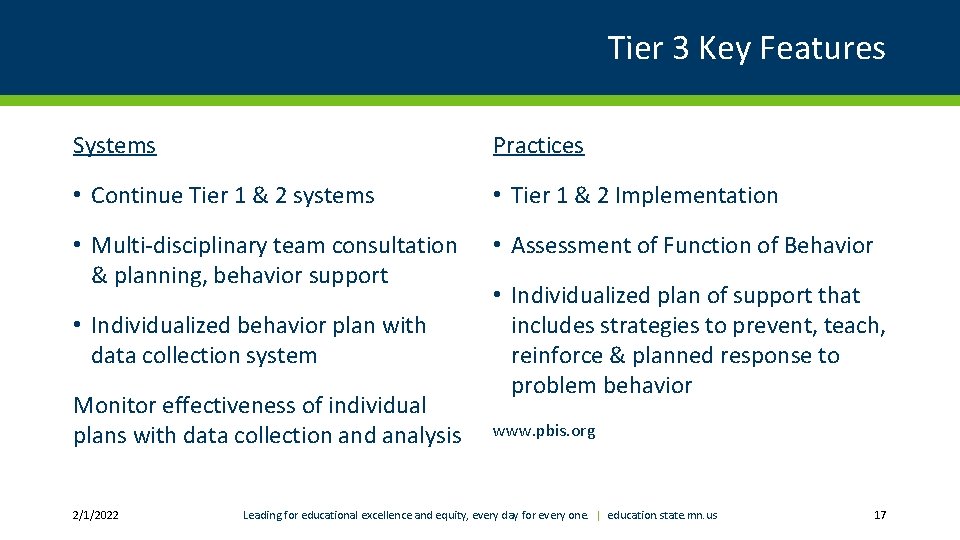 Tier 3 Key Features Systems Practices • Continue Tier 1 & 2 systems •