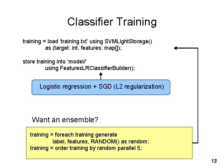 Classifier Training training = load ‘training. txt’ using SVMLight. Storage() as (target: int, features: