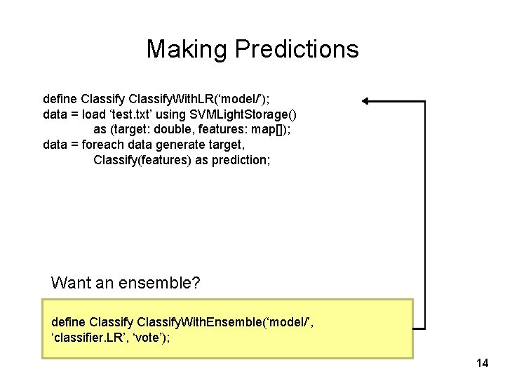 Making Predictions define Classify. With. LR(‘model/’); data = load ‘test. txt’ using SVMLight. Storage()