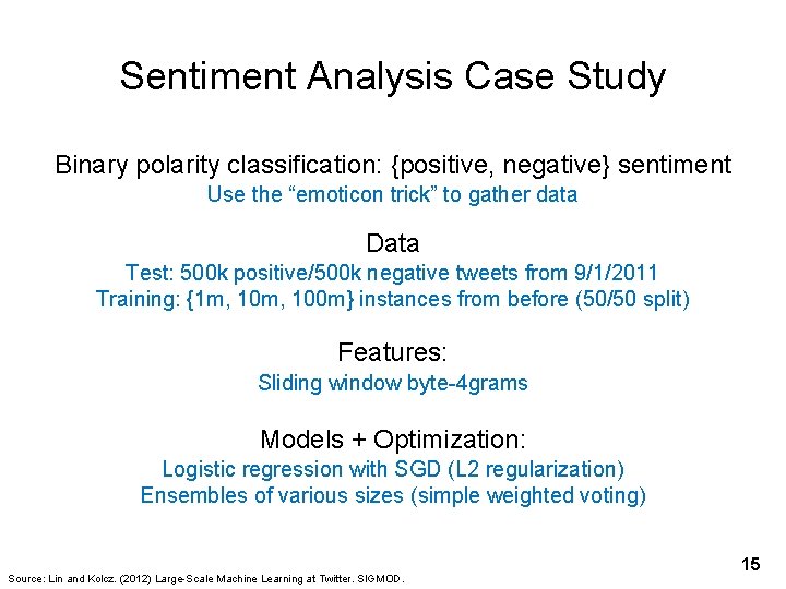 Sentiment Analysis Case Study Binary polarity classification: {positive, negative} sentiment Use the “emoticon trick”