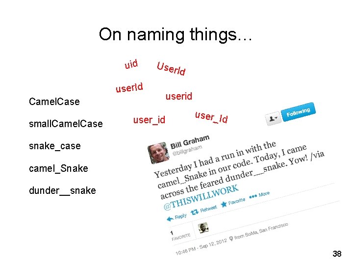 On naming things… uid User user. Id Camel. Case small. Camel. Case user_id Id