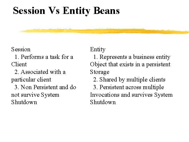 Session Vs Entity Beans Session 1. Performs a task for a Client 2. Associated