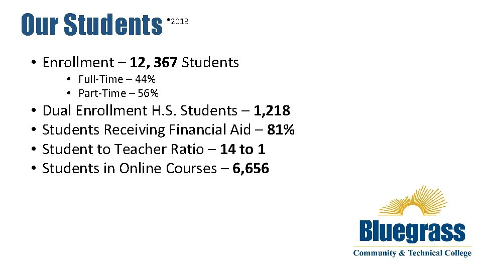 Our Students *2013 • Enrollment – 12, 367 Students • Full-Time – 44% •