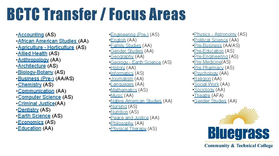 BCTC Transfer / Focus Areas • Accounting (AS) • African American Studies (AA) •