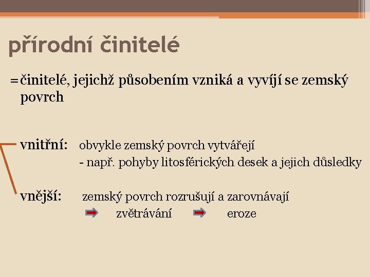 přírodní činitelé =činitelé, jejichž působením vzniká a vyvíjí se zemský povrch vnitřní: obvykle zemský