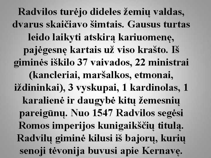 Radvilos turėjo dideles žemių valdas, dvarus skaičiavo šimtais. Gausus turtas leido laikyti atskirą kariuomenę,