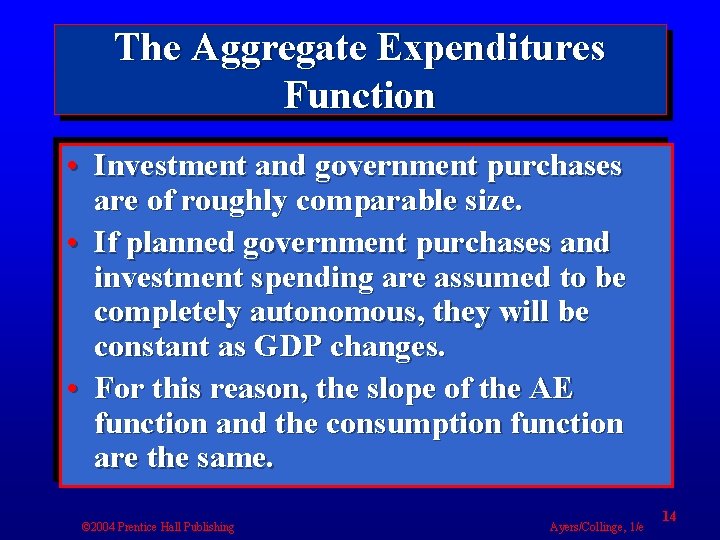 The Aggregate Expenditures Function • Investment and government purchases are of roughly comparable size.