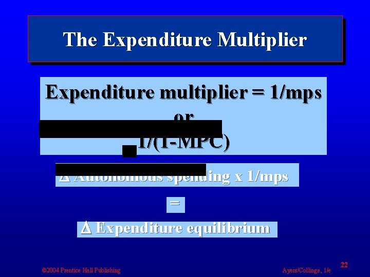 The Expenditure Multiplier Expenditure multiplier = 1/mps or 1/(1 -MPC) Autonomous spending x 1/mps