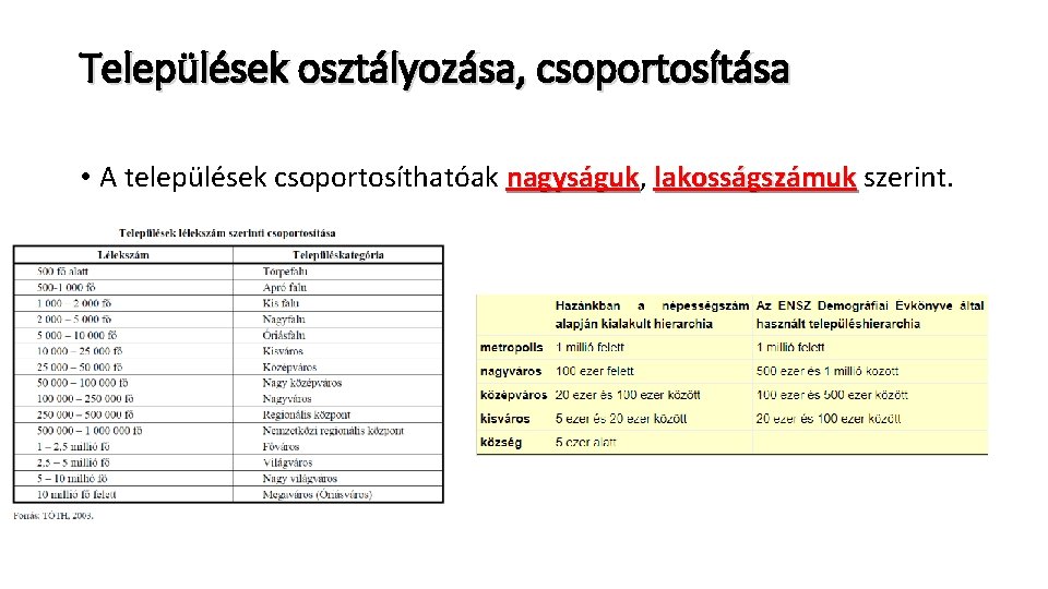 Települések osztályozása, csoportosítása • A települések csoportosíthatóak nagyságuk, nagyságuk lakosságszámuk szerint. 