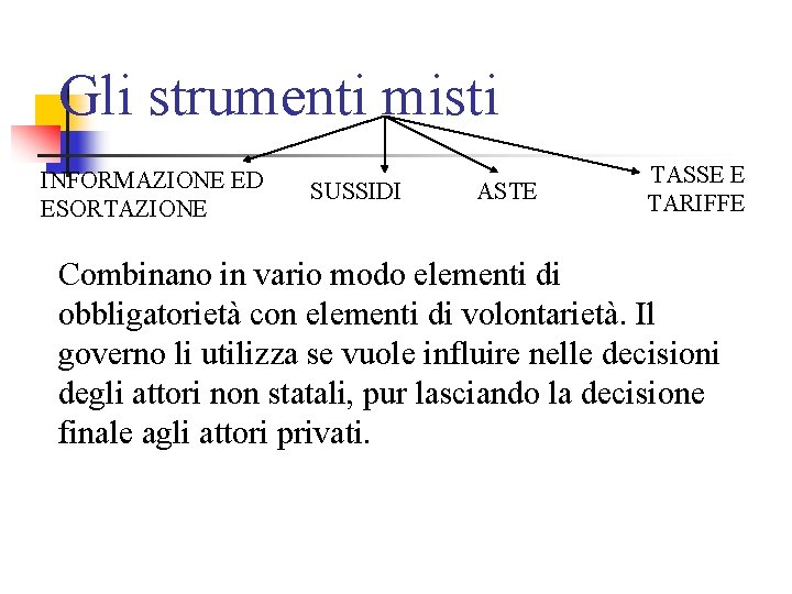 Gli strumenti misti INFORMAZIONE ED ESORTAZIONE SUSSIDI ASTE TASSE E TARIFFE Combinano in vario