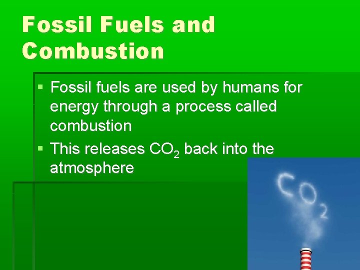 Fossil Fuels and Combustion Fossil fuels are used by humans for energy through a