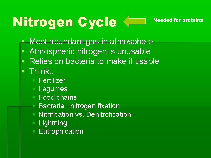 Nitrogen Cycle Needed for proteins Most abundant gas in atmosphere Atmospheric nitrogen is unusable