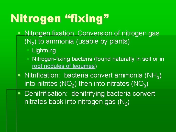 Nitrogen “fixing” Nitrogen fixation: Conversion of nitrogen gas (N 2) to ammonia (usable by