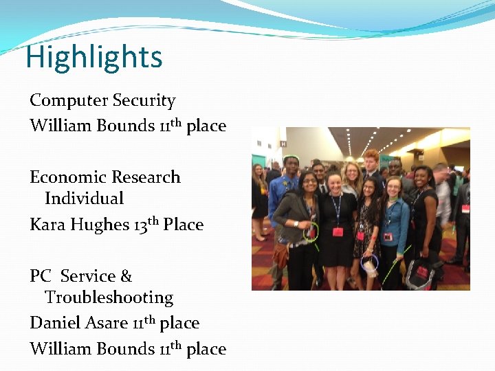 Highlights Computer Security William Bounds 11 th place Economic Research Individual Kara Hughes 13