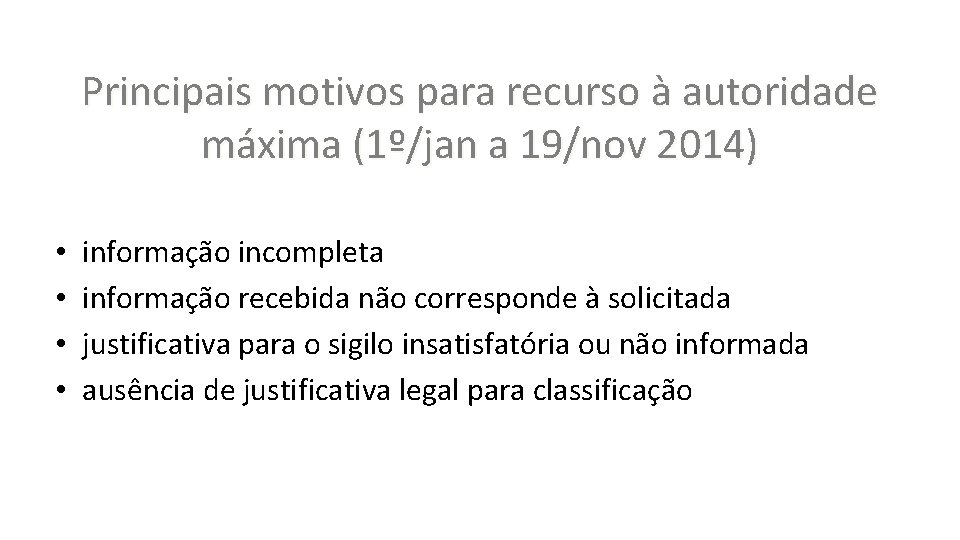 Principais motivos para recurso à autoridade máxima (1º/jan a 19/nov 2014) • • informação
