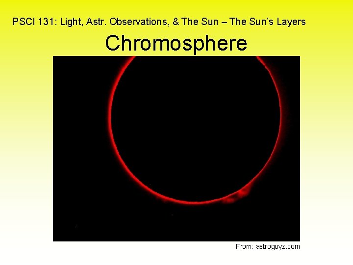 PSCI 131: Light, Astr. Observations, & The Sun – The Sun’s Layers Chromosphere From: