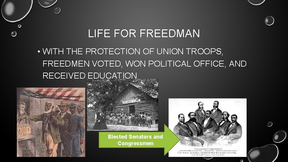 LIFE FOR FREEDMAN • WITH THE PROTECTION OF UNION TROOPS, FREEDMEN VOTED, WON POLITICAL