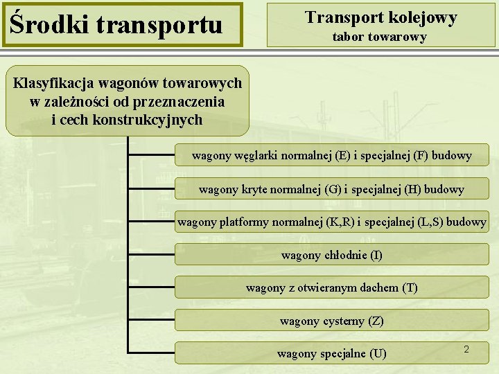 Środki transportu Transport kolejowy tabor towarowy Klasyfikacja wagonów towarowych w zależności od przeznaczenia i