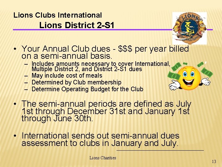 Lions Clubs International Lions District 2 -S 1 • Your Annual Club dues -