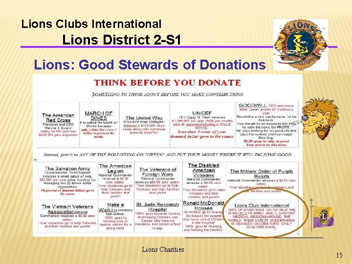Lions Clubs International Lions District 2 -S 1 Lions: Good Stewards of Donations Lions