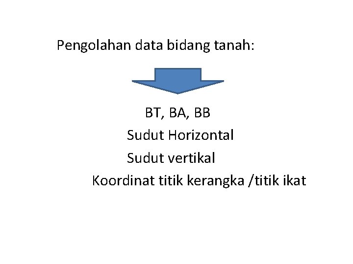 Pengolahan data bidang tanah: BT, BA, BB Sudut Horizontal Sudut vertikal Koordinat titik kerangka