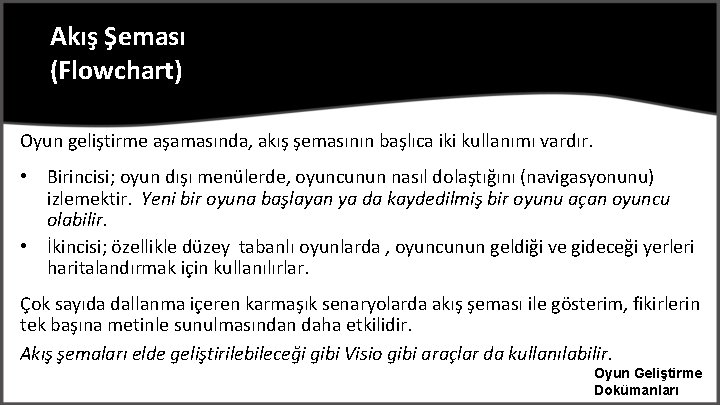 Akış Şeması (Flowchart) Oyun geliştirme aşamasında, akış şemasının başlıca iki kullanımı vardır. • Birincisi;