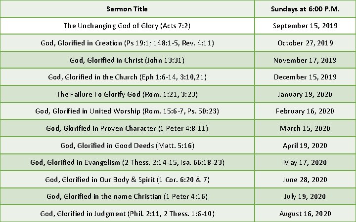 Sermon Title Sundays at 6: 00 P. M. The Unchanging God of Glory (Acts