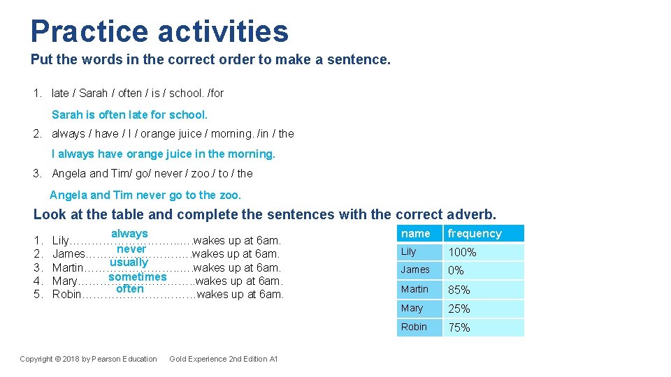 Practice activities Put the words in the correct order to make a sentence. 1.