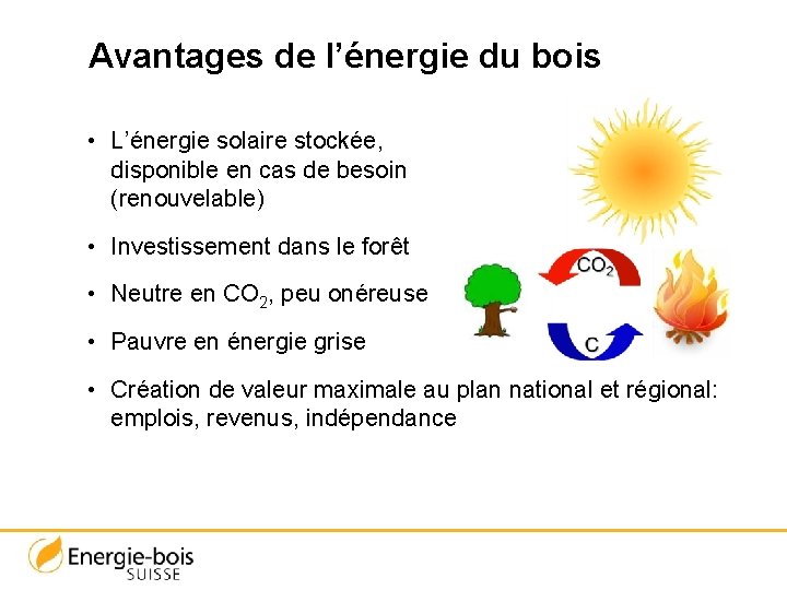 Avantages de l’énergie du bois • L’énergie solaire stockée, disponible en cas de besoin