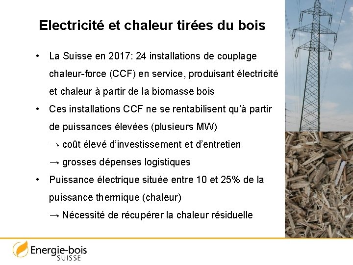 Electricité et chaleur tirées du bois • La Suisse en 2017: 24 installations de