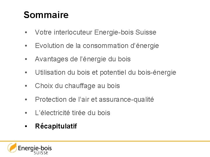 Sommaire • Votre interlocuteur Energie-bois Suisse • Evolution de la consommation d’énergie • Avantages