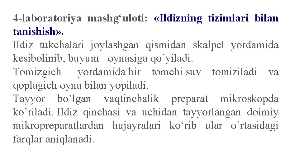 4 -laboratoriya mashg‘uloti: «Ildizning tizimlari bilan tanishish» . Ildiz tukchalari joylashgan qismidan skalpel yordamida