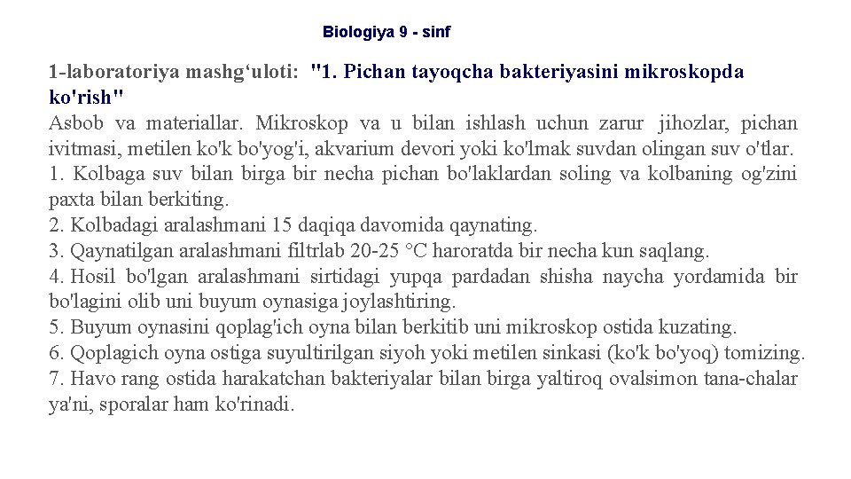 Biologiya 9 - sinf 1 -laboratoriya mashg‘uloti: "1. Pichan tayoqcha bakteriyasini mikroskopda ko'rish" Asbob