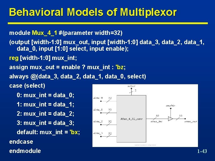 Behavioral Models of Multiplexor module Mux_4_1 #(parameter width=32) (output [width-1: 0] mux_out, input [width-1: