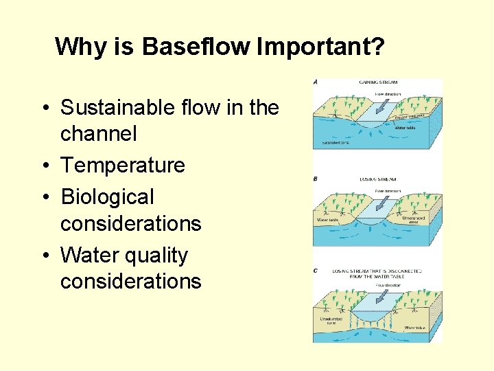 Why is Baseflow Important? • Sustainable flow in the channel • Temperature • Biological