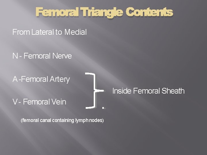 Femoral Triangle Contents From Lateral to Medial N - Femoral Nerve A -Femoral Artery